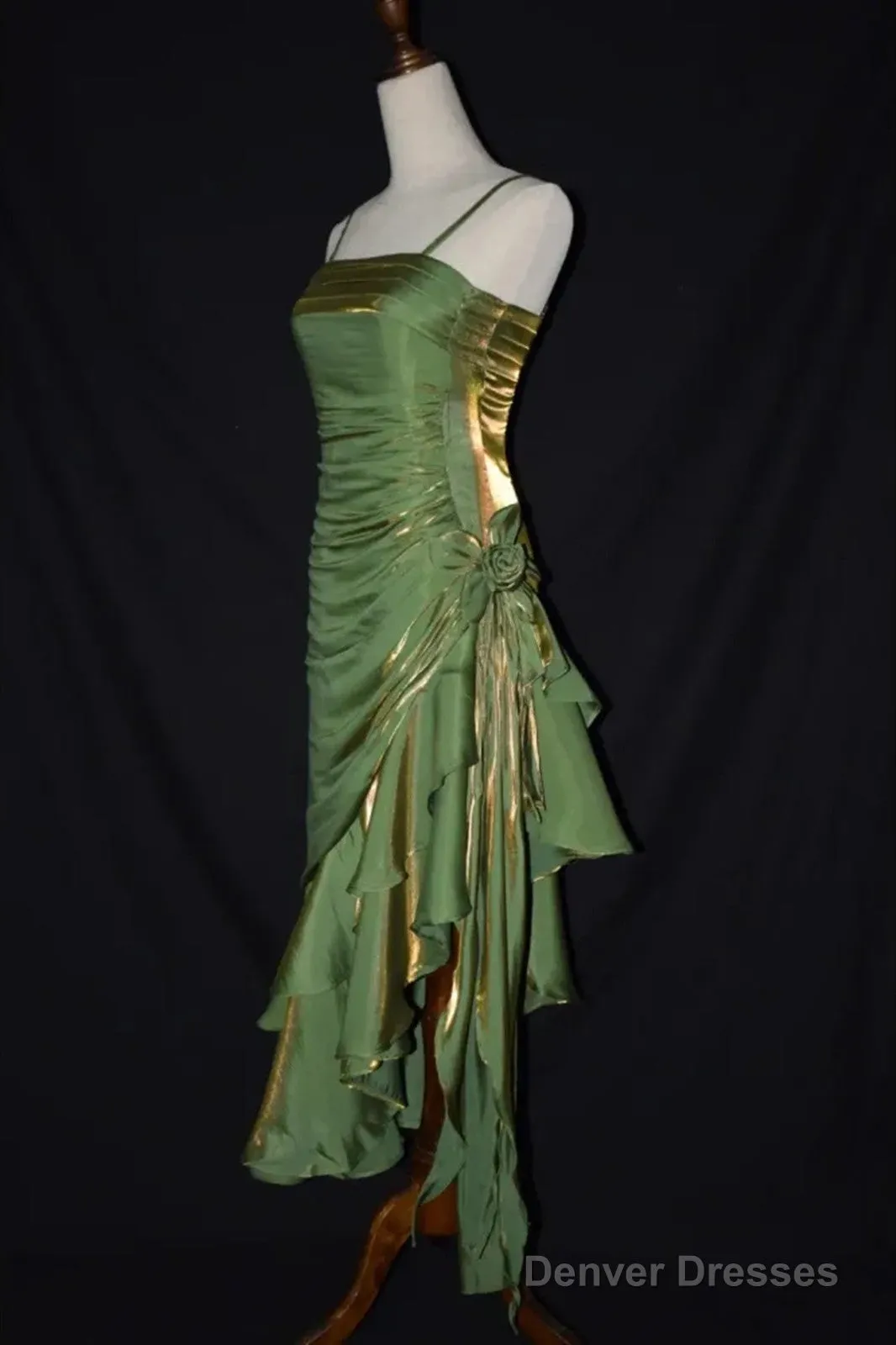 Cute Green Straps High Low Satin Chic Party Dress, Green Prom Dress Evening Dress