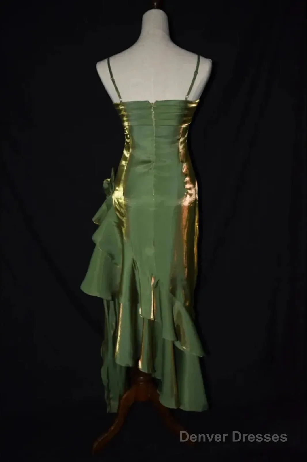 Cute Green Straps High Low Satin Chic Party Dress, Green Prom Dress Evening Dress