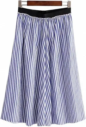 Dawery Womens Elegant Striped Midi Skirt Faldas Mujer Elastic Waist Pleated Ladies Summer Office Wear Mid Calf Chic Skirts