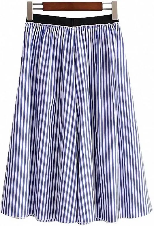 Dawery Womens Elegant Striped Midi Skirt Faldas Mujer Elastic Waist Pleated Ladies Summer Office Wear Mid Calf Chic Skirts