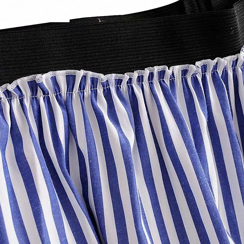 Dawery Womens Elegant Striped Midi Skirt Faldas Mujer Elastic Waist Pleated Ladies Summer Office Wear Mid Calf Chic Skirts