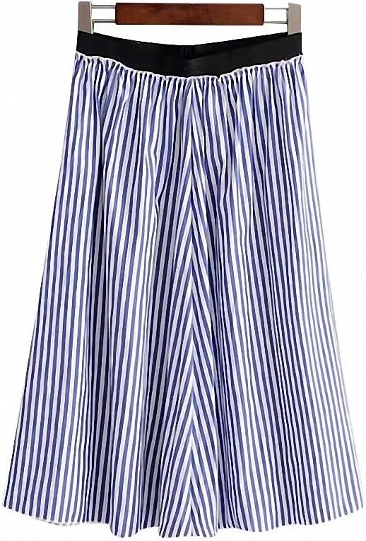 Dawery Womens Elegant Striped Midi Skirt Faldas Mujer Elastic Waist Pleated Ladies Summer Office Wear Mid Calf Chic Skirts