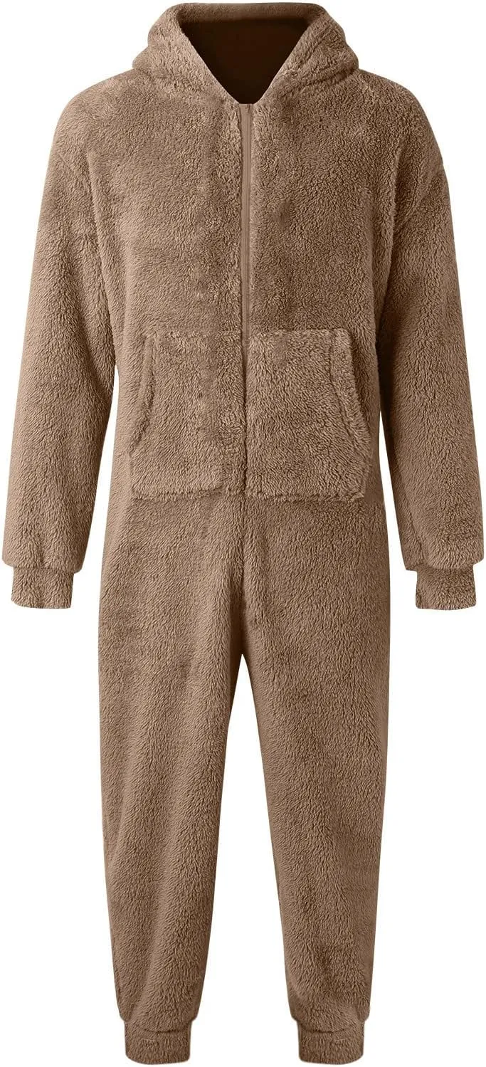 Dgoopd Hooded Fleece Jumpsuit for Men One Piece Zip Up Winter Pajamas with Pocket Soft Cozy Winter Warm Plush Loungewear