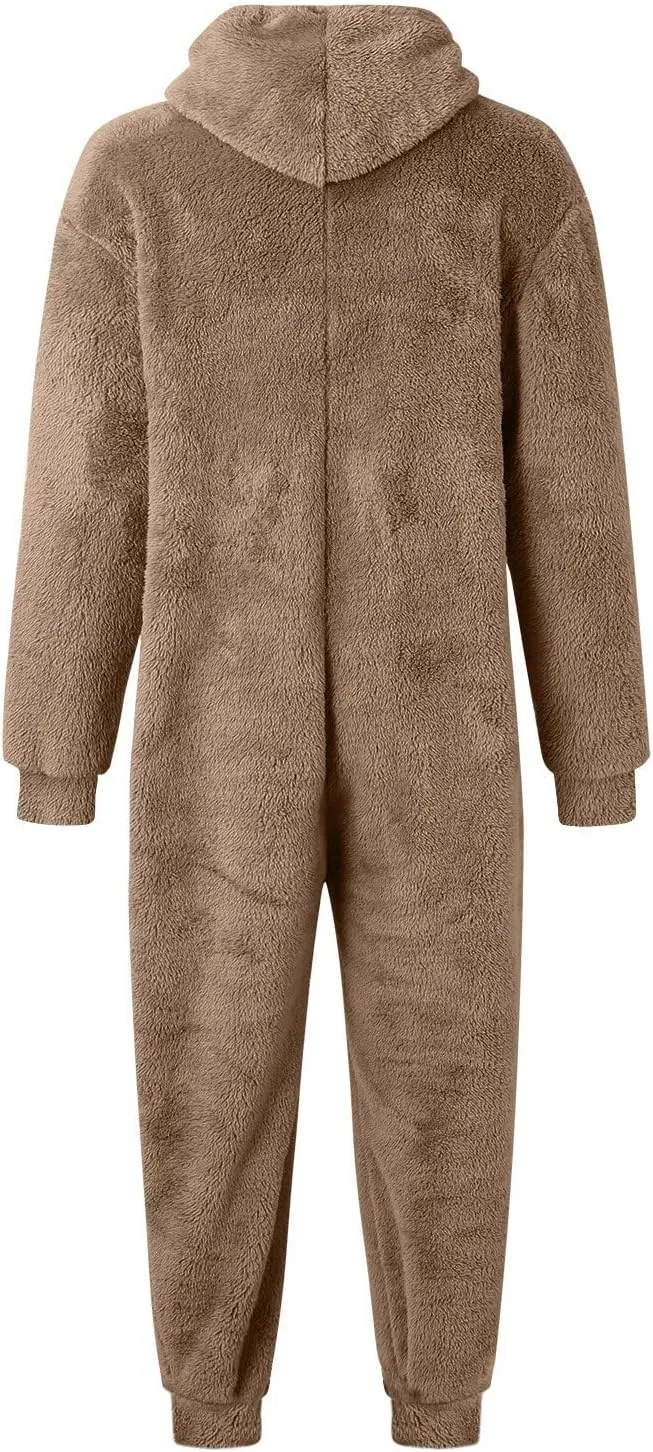 Dgoopd Hooded Fleece Jumpsuit for Men One Piece Zip Up Winter Pajamas with Pocket Soft Cozy Winter Warm Plush Loungewear