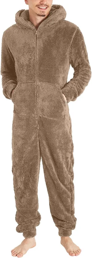 Dgoopd Hooded Fleece Jumpsuit for Men One Piece Zip Up Winter Pajamas with Pocket Soft Cozy Winter Warm Plush Loungewear