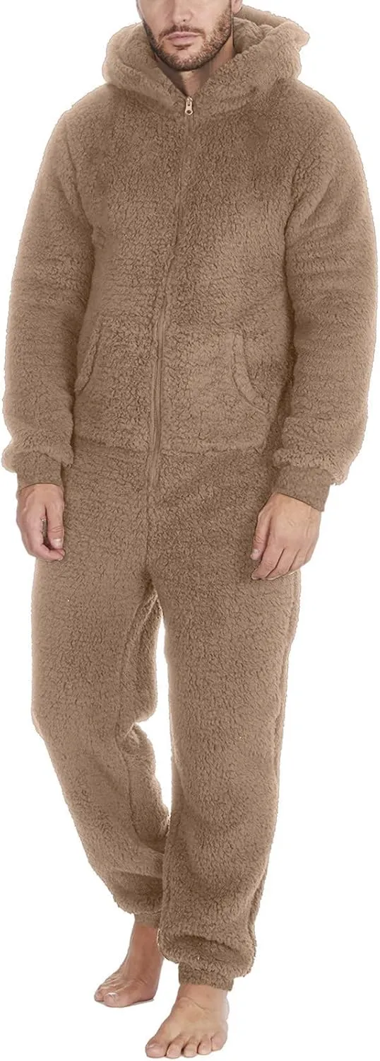 Dgoopd Hooded Fleece Jumpsuit for Men One Piece Zip Up Winter Pajamas with Pocket Soft Cozy Winter Warm Plush Loungewear