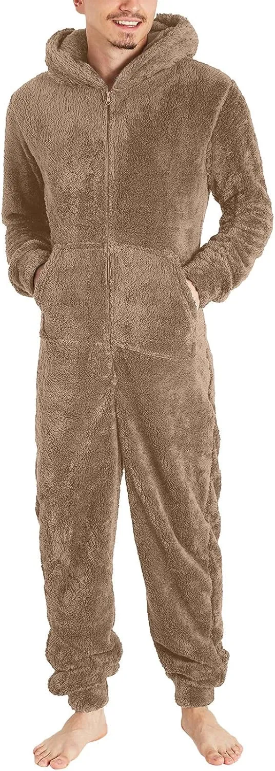 Dgoopd Hooded Fleece Jumpsuit for Men One Piece Zip Up Winter Pajamas with Pocket Soft Cozy Winter Warm Plush Loungewear