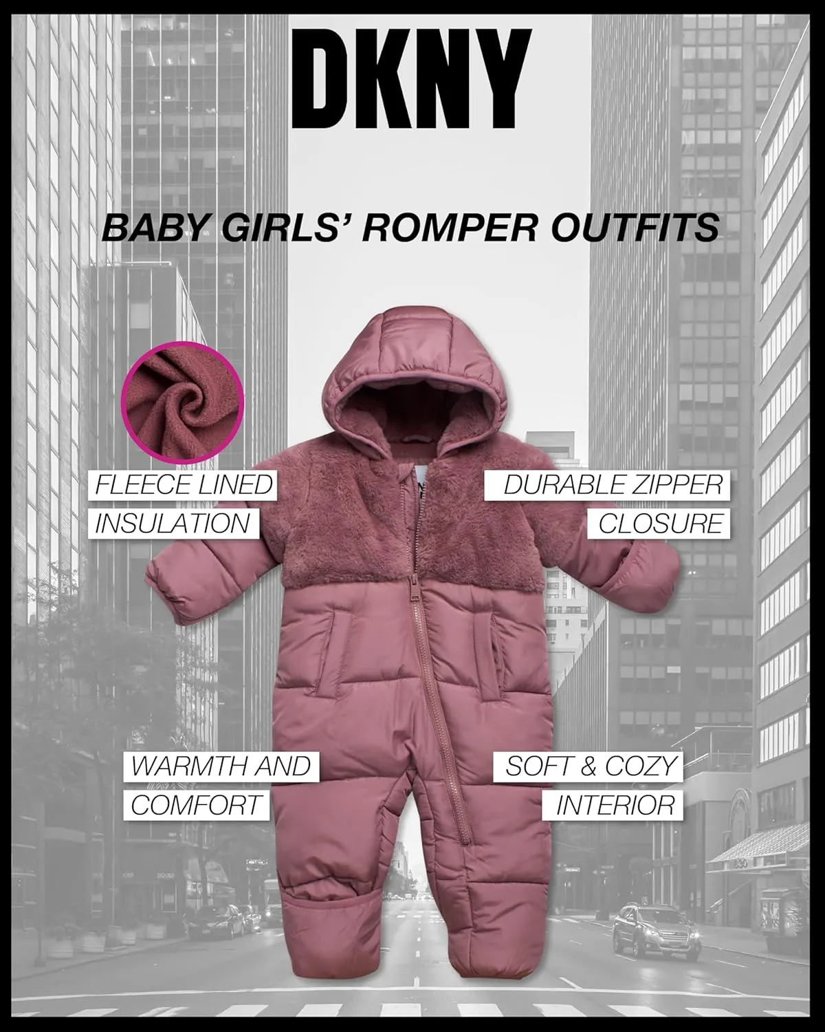 DKNY Girl's Snowsuit - Cozy Soft Girl's One Piece Jumpsuit with Polar Fleece Lining- Cute Winter Baby Girls Clothes (12-24M)