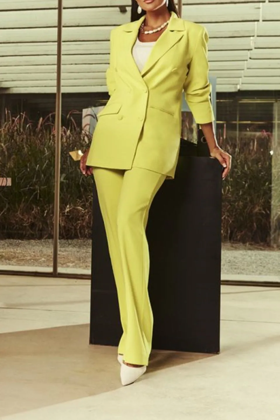 Double Breasted Notched Collar Blazer Lime