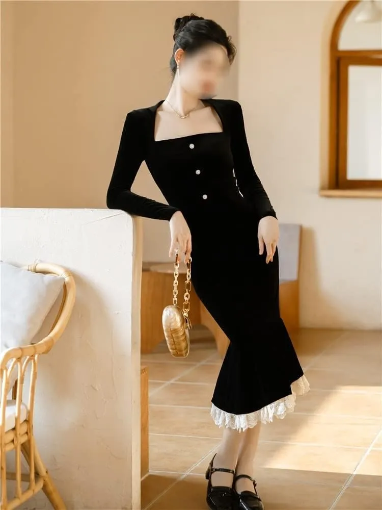 Dress for Women Vintage Elegant Dress Chic Velvet Long Skirt French Black Dress Evening Dress(Large)