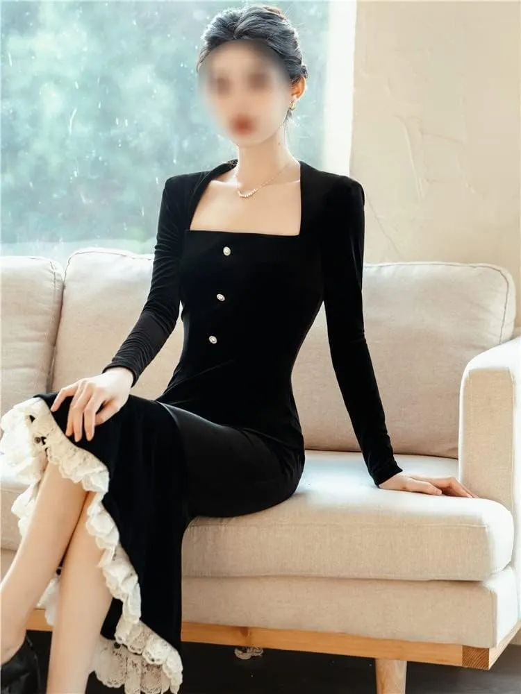 Dress for Women Vintage Elegant Dress Chic Velvet Long Skirt French Black Dress Evening Dress(Large)