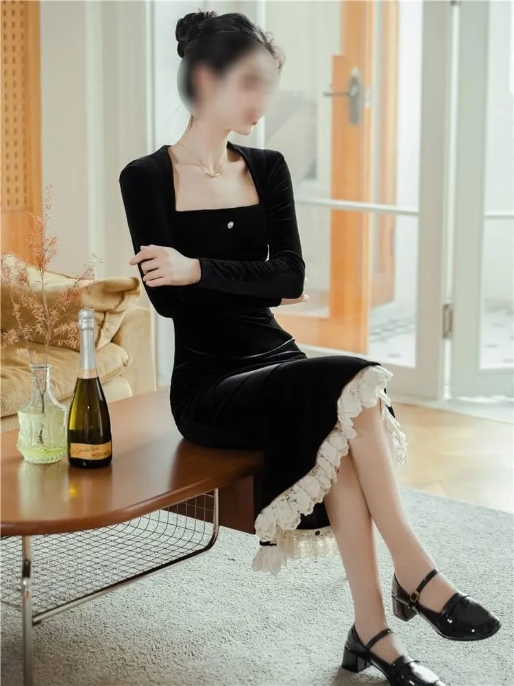 Dress for Women Vintage Elegant Dress Chic Velvet Long Skirt French Black Dress Evening Dress(Large)