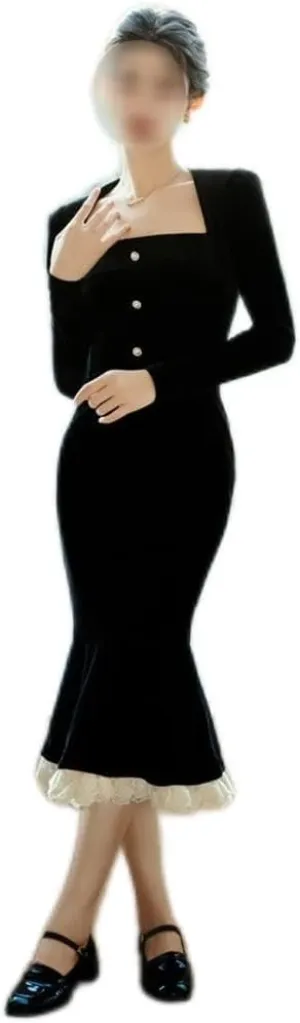 Dress for Women Vintage Elegant Dress Chic Velvet Long Skirt French Black Dress Evening Dress(Large)