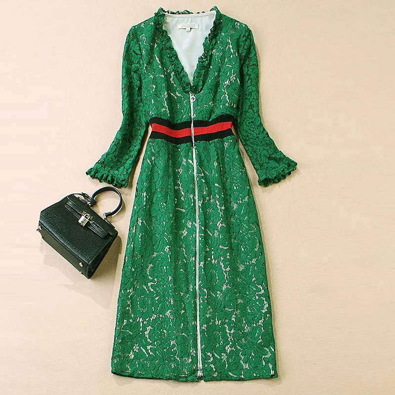Elegant Chic Long Sleeve Lace Midi Dress