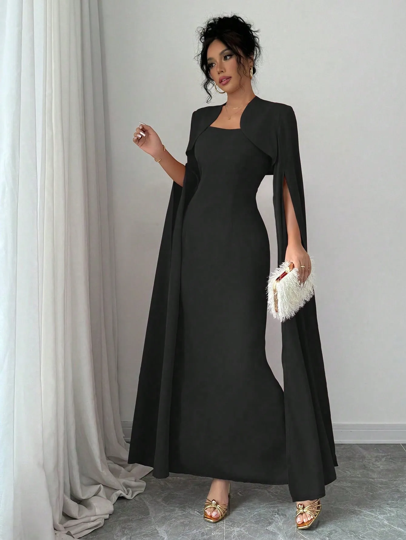 Elegant Elegant Short Jacket With Split Long Sleeves, Fitted Waist Party Dress Suit With Dress For Women