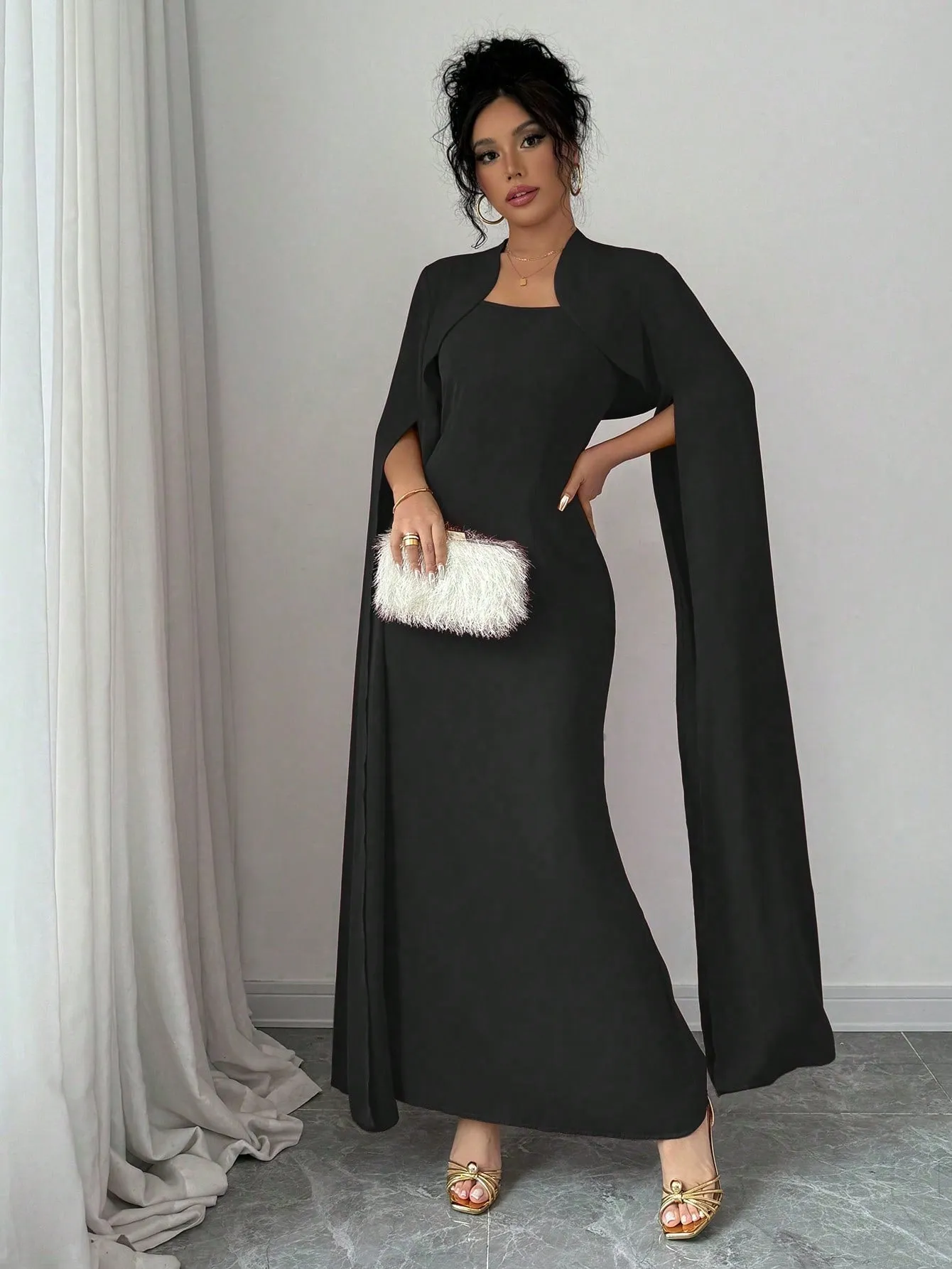 Elegant Elegant Short Jacket With Split Long Sleeves, Fitted Waist Party Dress Suit With Dress For Women