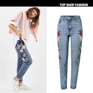 Embroidery Flowers Middle Waist Pencil 9/10 Pants