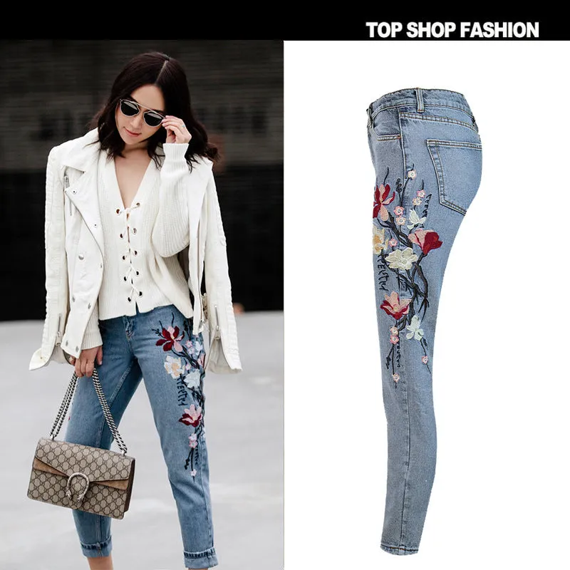 Embroidery Flowers Middle Waist Pencil 9/10 Pants