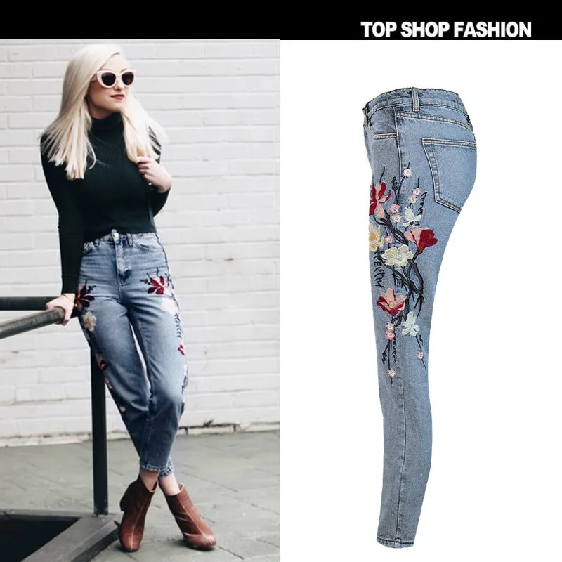 Embroidery Flowers Middle Waist Pencil 9/10 Pants
