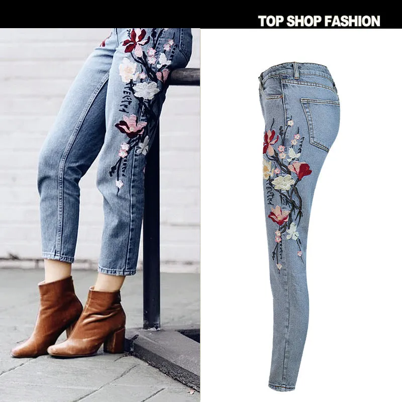 Embroidery Flowers Middle Waist Pencil 9/10 Pants