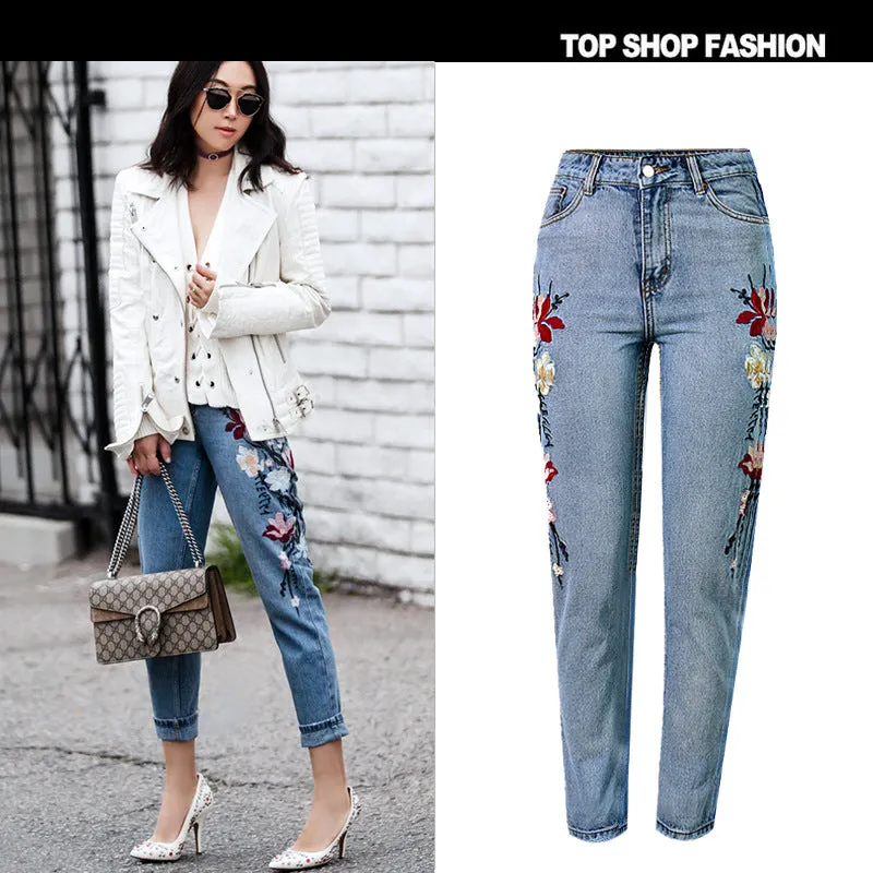 Embroidery Flowers Middle Waist Pencil 9/10 Pants