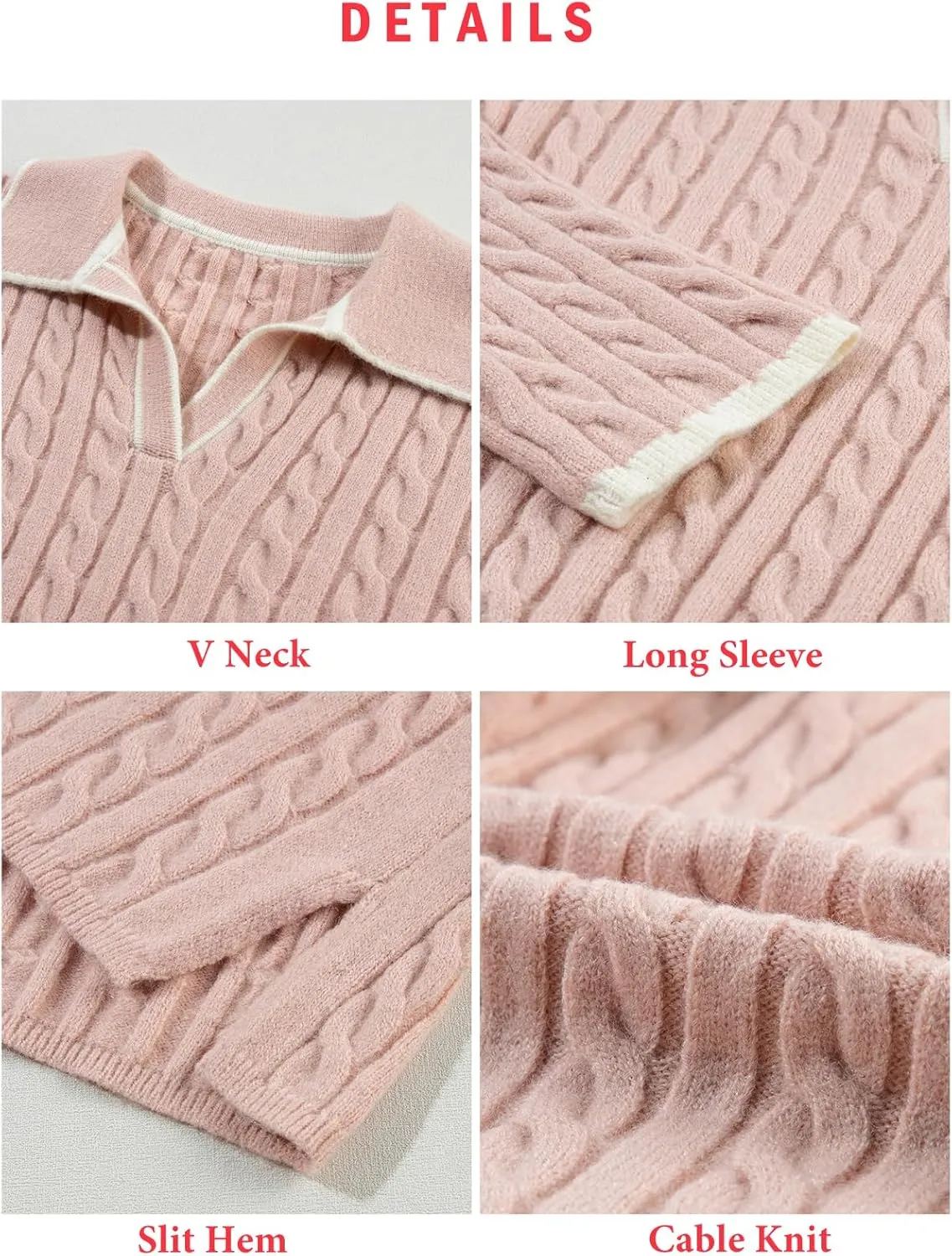 EVALESS Womens Cable Long Sleeve Sweaters Tops Color Block Lapel V Neck Knit Casual Soft Pullover Shirts