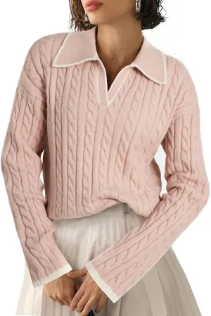 EVALESS Womens Cable Long Sleeve Sweaters Tops Color Block Lapel V Neck Knit Casual Soft Pullover Shirts