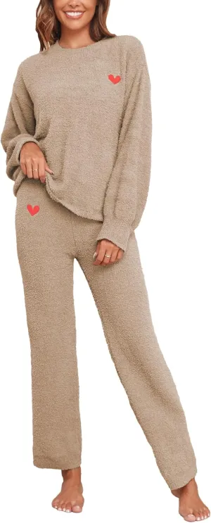 Famulily Womens Cozy Warm Fuzzy Fleece Pjs Sets Cute Heart Embroidery 2 Piece Pajamas Top and Pants Matching Sets