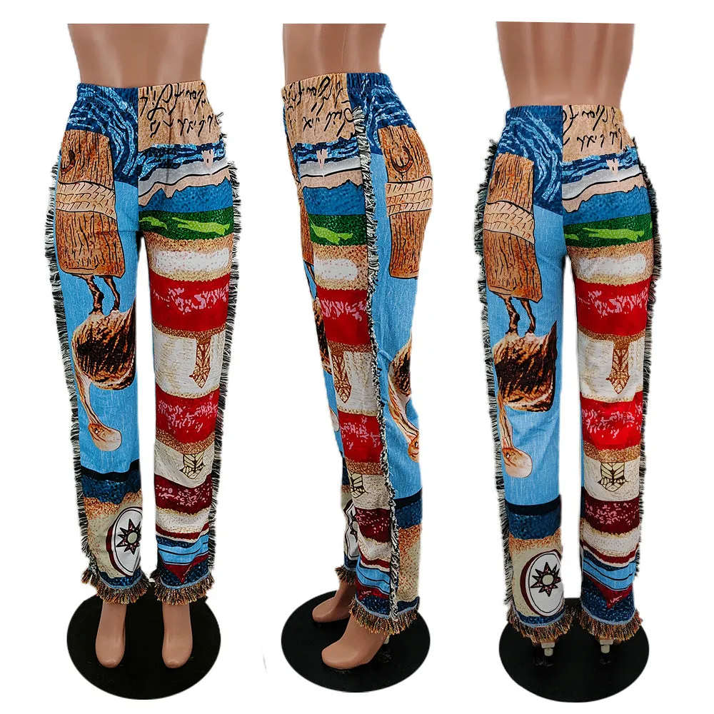 Fashionable color pattern fringed trousers AY2489