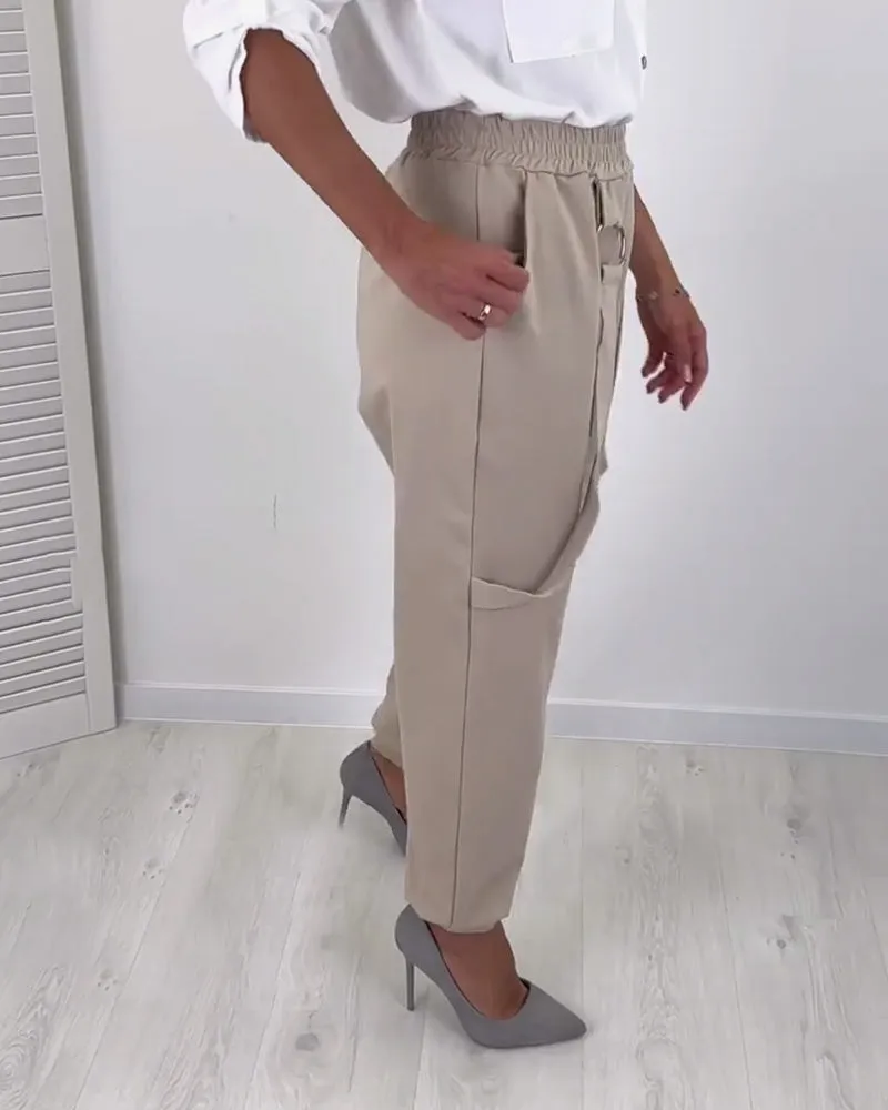 Fashionable solid color lanyard pocket pants