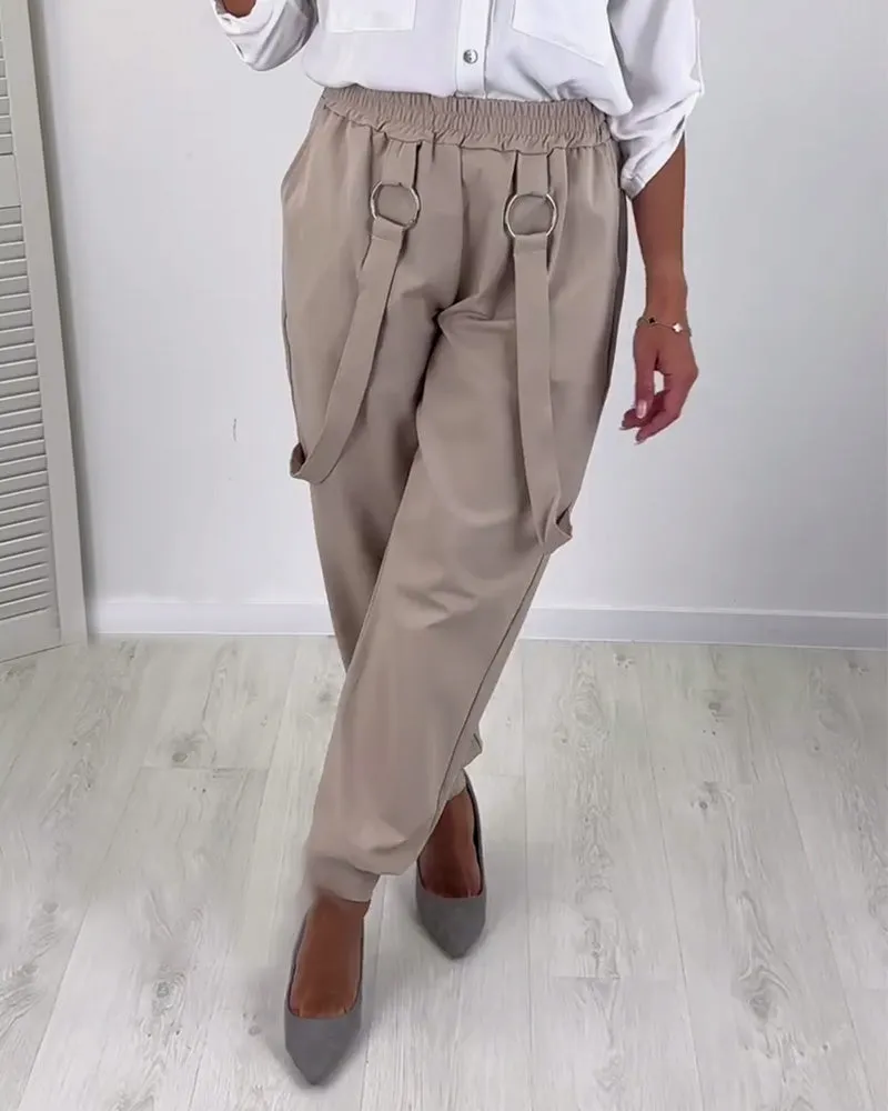 Fashionable solid color lanyard pocket pants