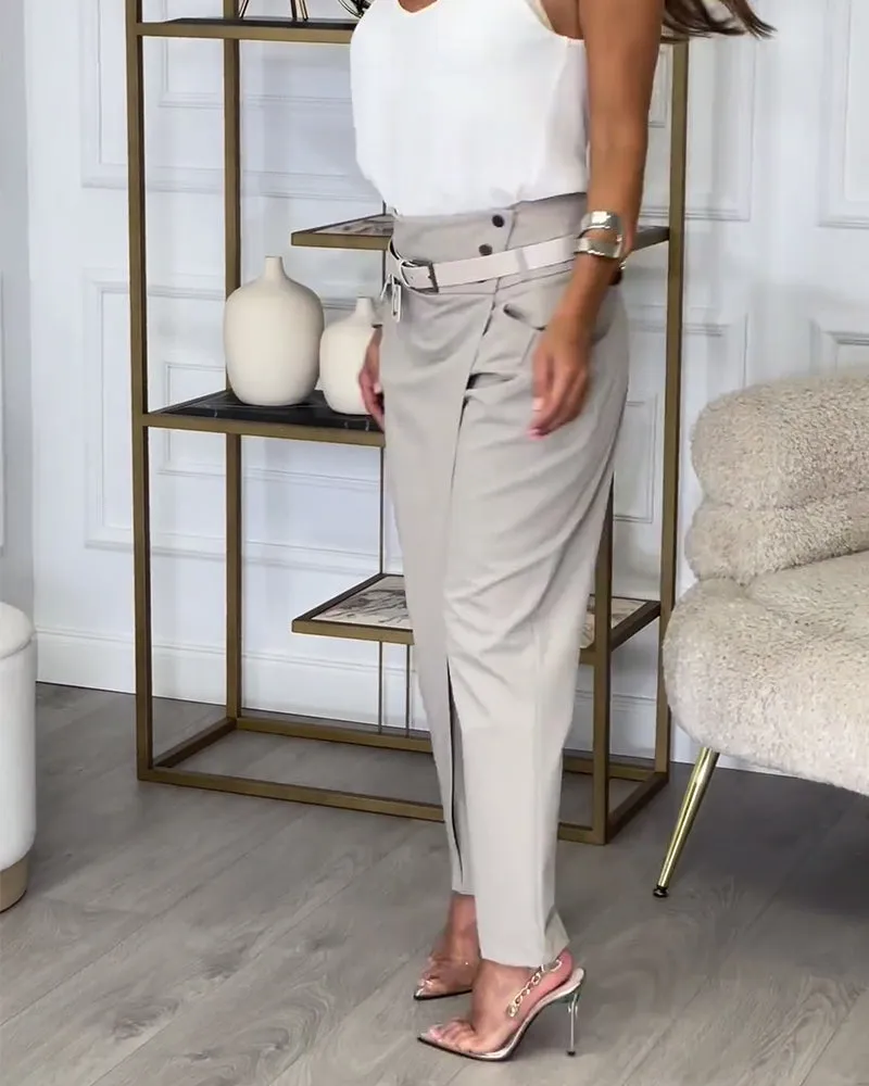 Fashionable solid color pocket irregular patchwork pants