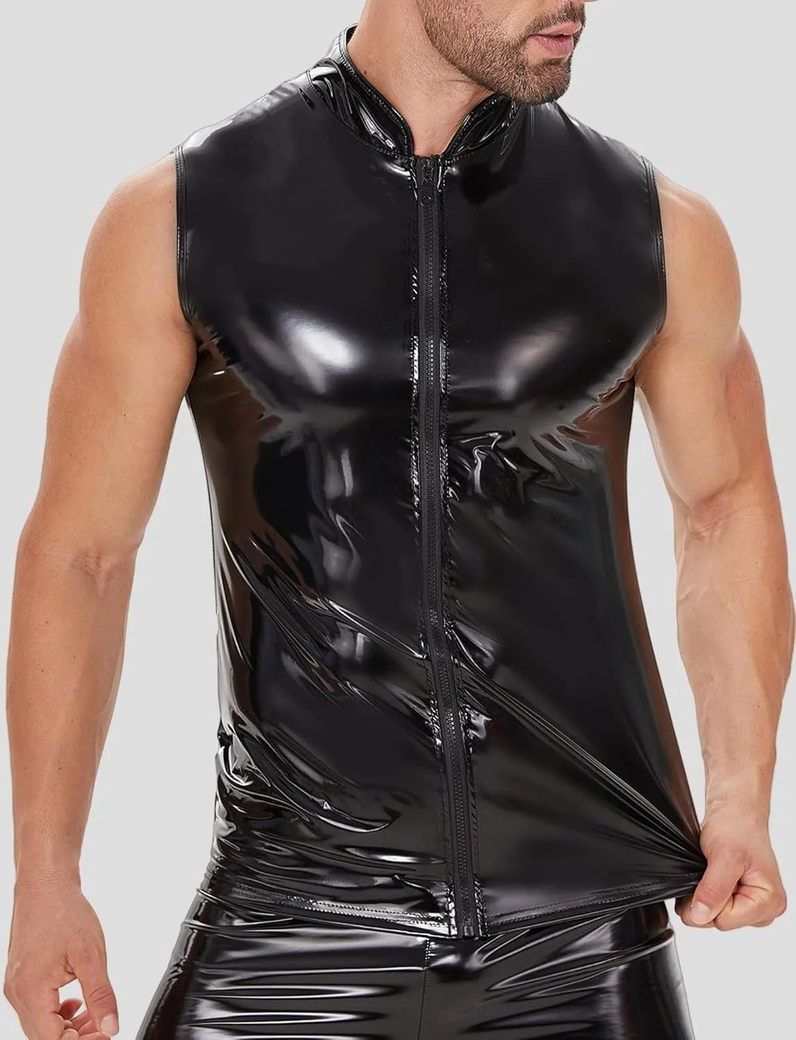 FEOYA Men's Sexy Faux Leather Tank Top PU Wetlook Sleeveless Slim Fit Vest Undershirt Muscle T-Shirt for Party
