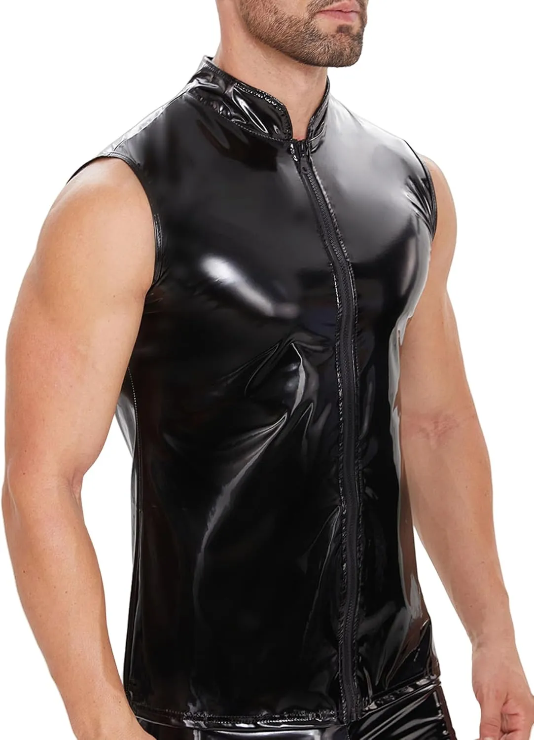 FEOYA Men's Sexy Faux Leather Tank Top PU Wetlook Sleeveless Slim Fit Vest Undershirt Muscle T-Shirt for Party