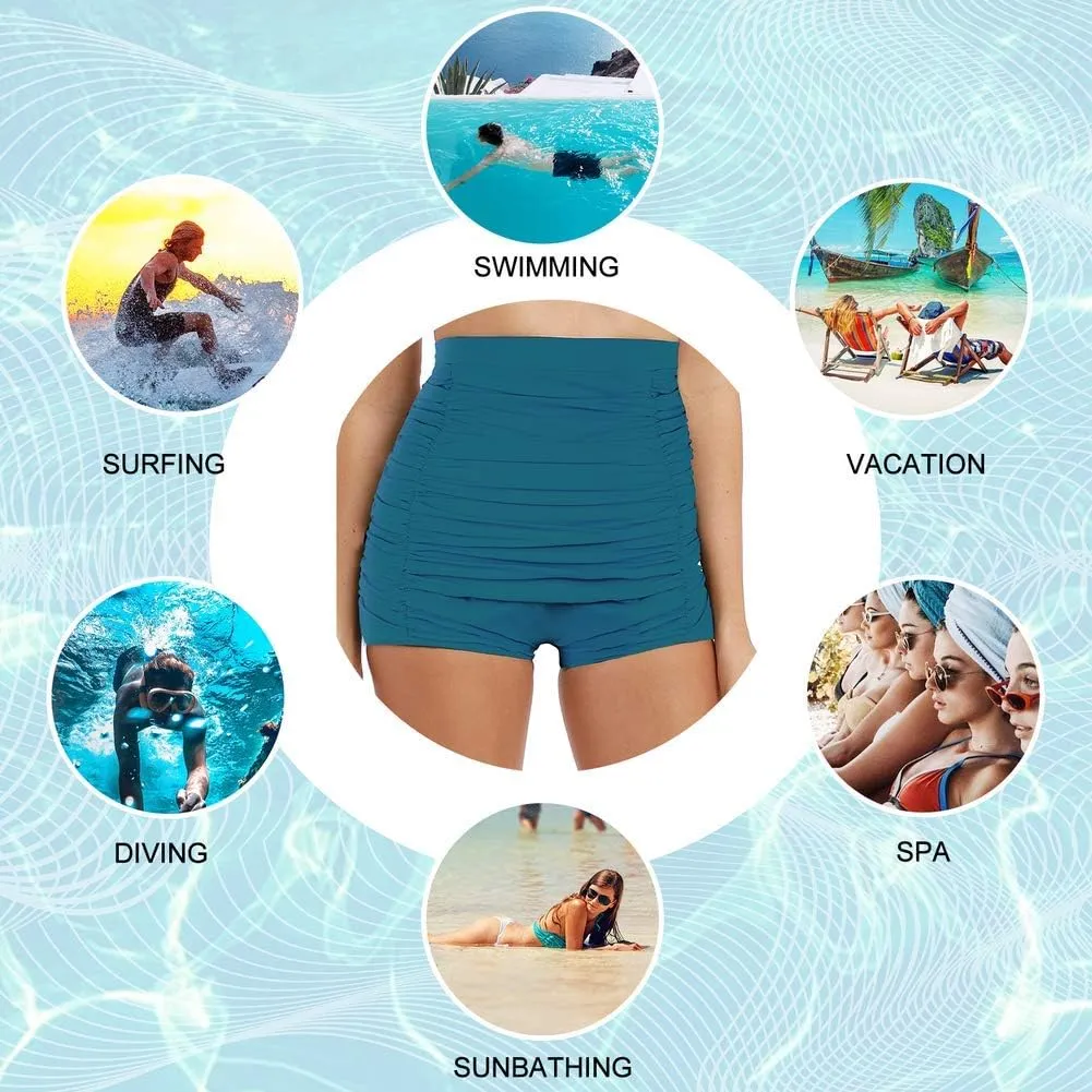 Firpearl Women's High Waisted Bikini Bottom 50s Ruched Boyleg Swim Shorts Tummy Control Swimsuit Bottom