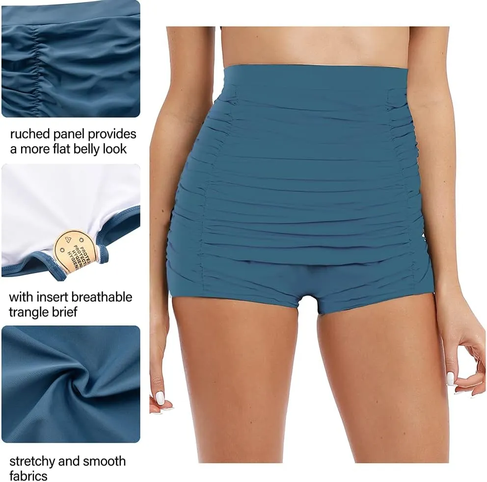 Firpearl Women's High Waisted Bikini Bottom 50s Ruched Boyleg Swim Shorts Tummy Control Swimsuit Bottom