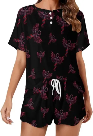 Gothic Silver Ankh Vampire with Red Wings Women's Pajama Sets Short Sleeve Shirt And Shorts Cozy Sleepwear Loungewear Pjs