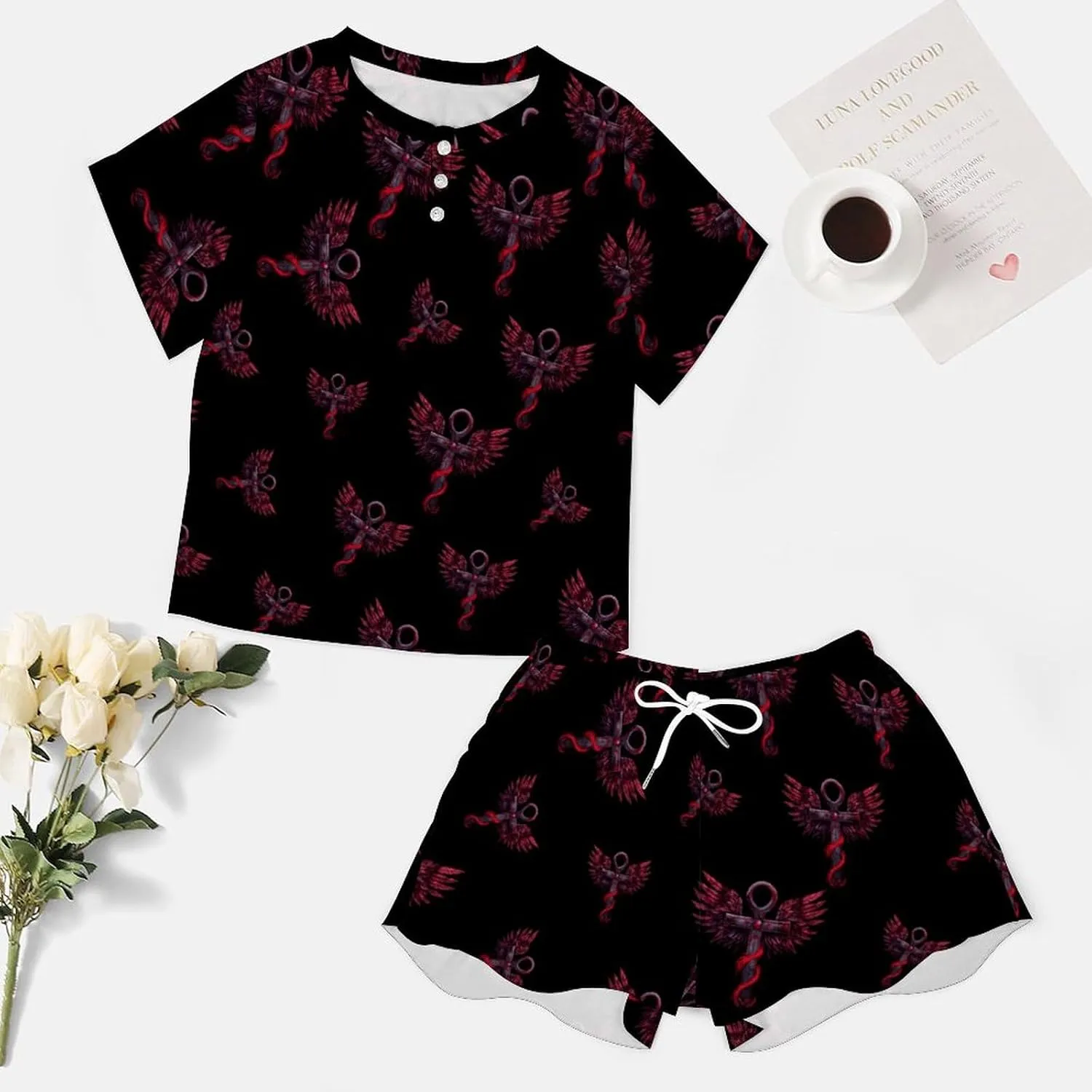 Gothic Silver Ankh Vampire with Red Wings Women's Pajama Sets Short Sleeve Shirt And Shorts Cozy Sleepwear Loungewear Pjs