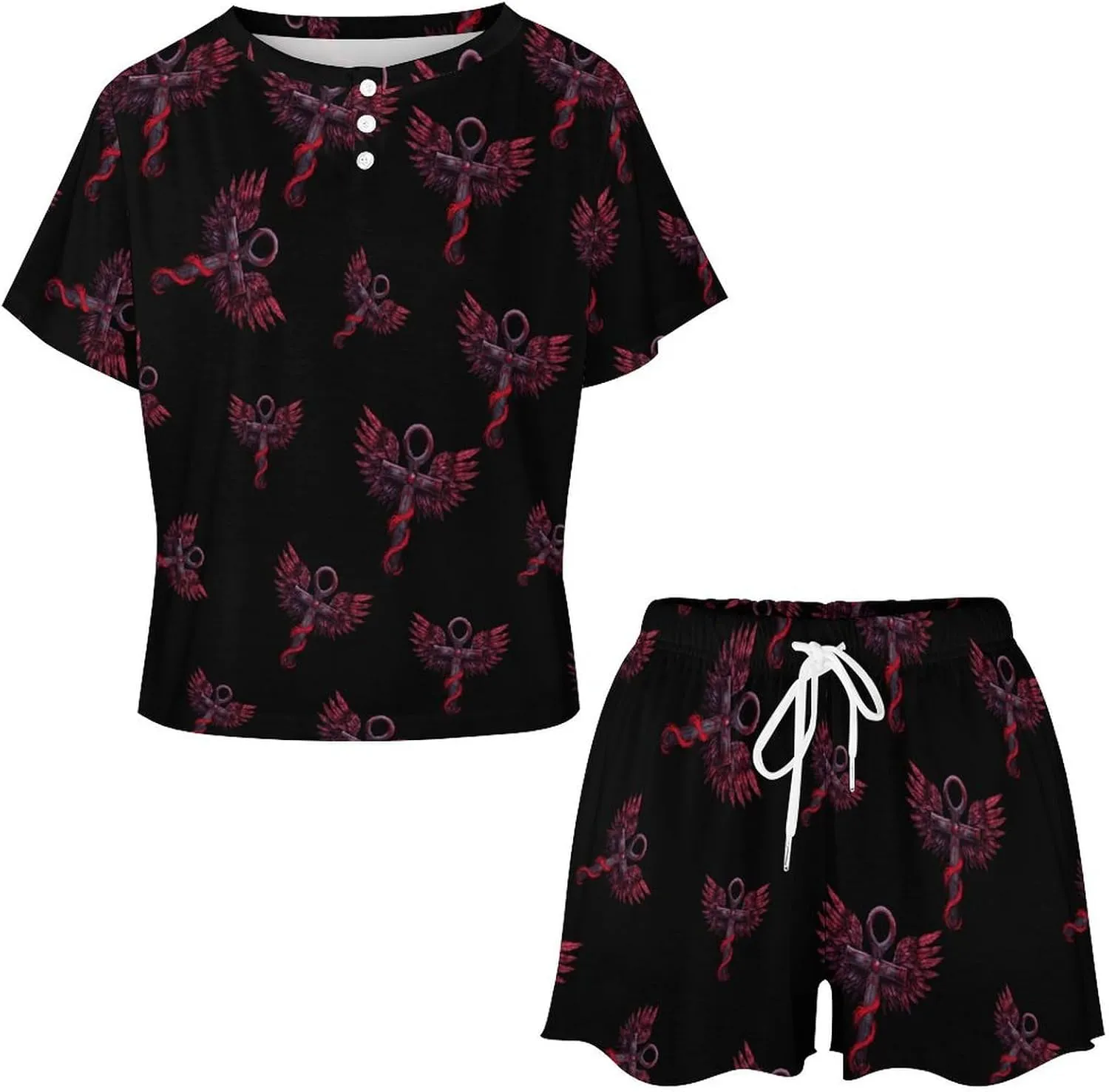 Gothic Silver Ankh Vampire with Red Wings Women's Pajama Sets Short Sleeve Shirt And Shorts Cozy Sleepwear Loungewear Pjs