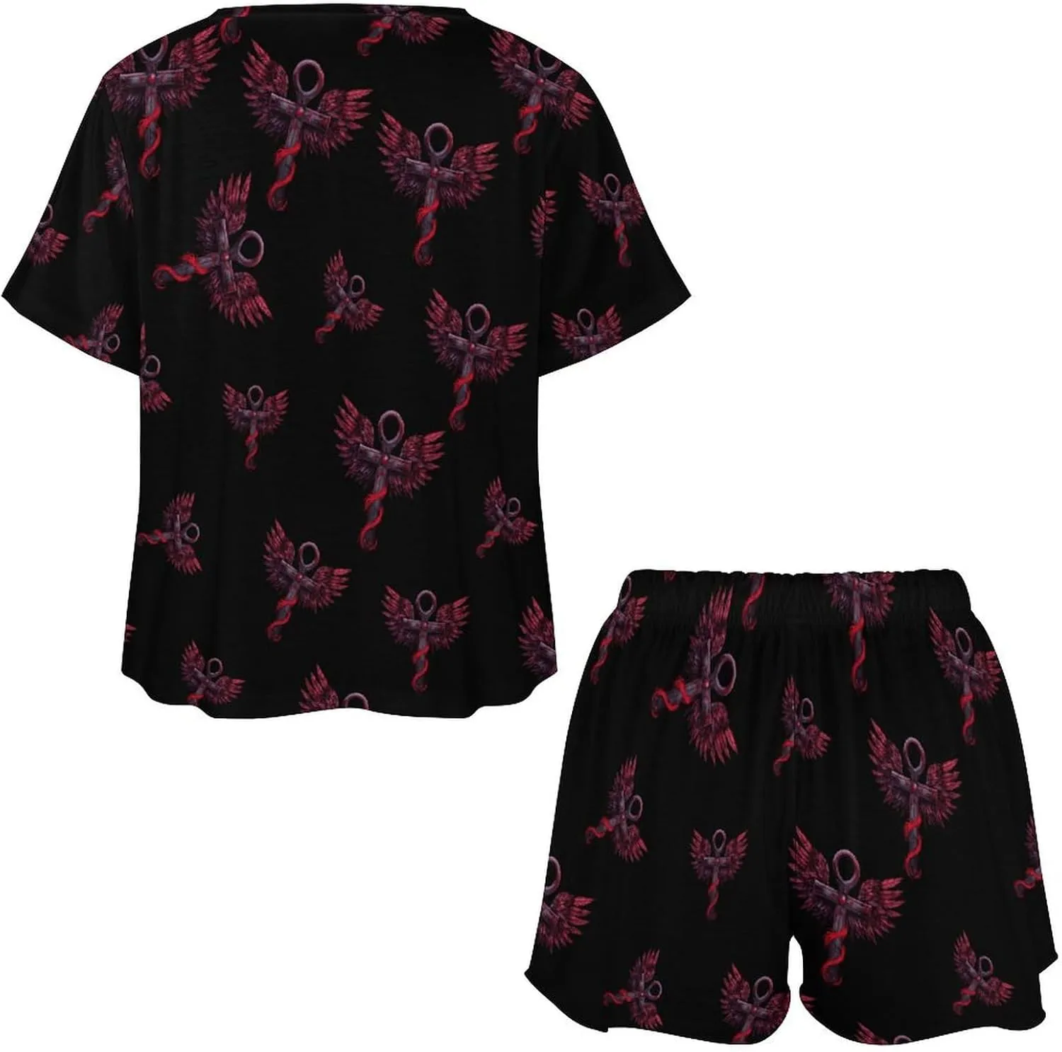 Gothic Silver Ankh Vampire with Red Wings Women's Pajama Sets Short Sleeve Shirt And Shorts Cozy Sleepwear Loungewear Pjs