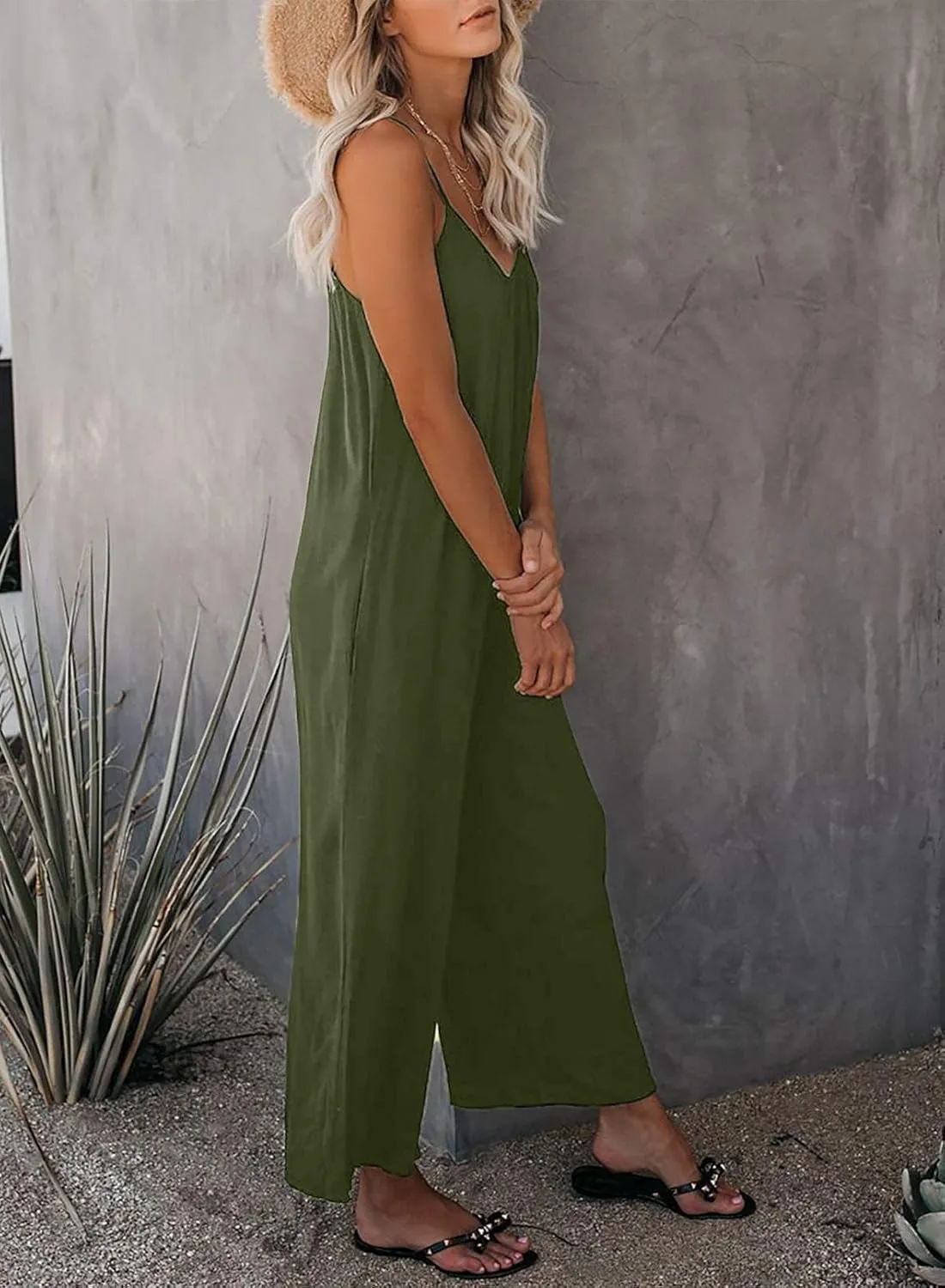 Happy Sailed Womens Casual Jumpsuits Loose Overalls Summer Sleeveless Stretchy Wide Leg Long Pants Romper with Pockets
