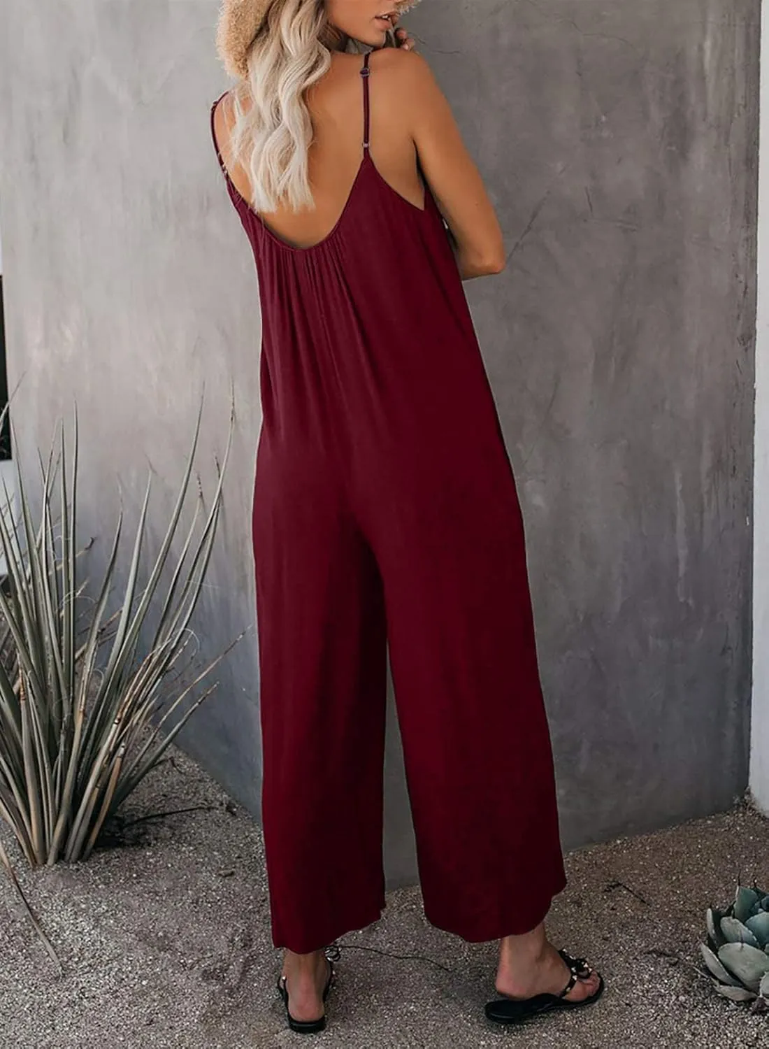 Happy Sailed Womens Casual Jumpsuits Loose Overalls Summer Sleeveless Stretchy Wide Leg Long Pants Romper with Pockets