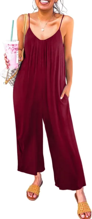 Happy Sailed Womens Casual Jumpsuits Loose Overalls Summer Sleeveless Stretchy Wide Leg Long Pants Romper with Pockets