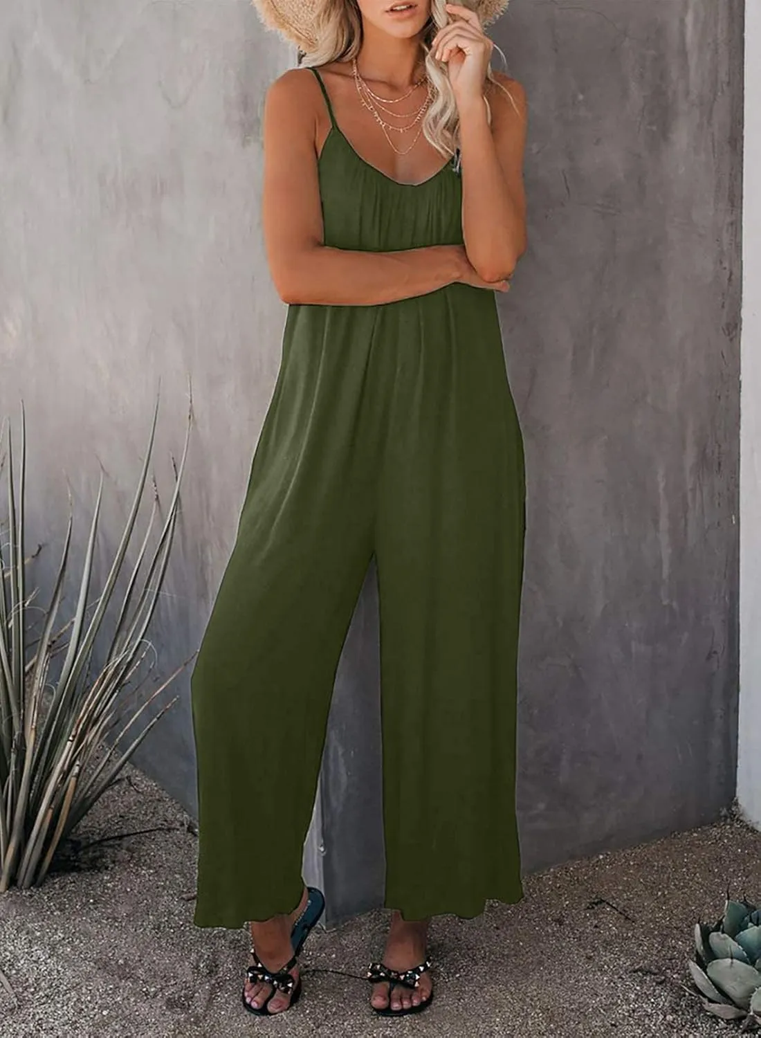 Happy Sailed Womens Casual Jumpsuits Loose Overalls Summer Sleeveless Stretchy Wide Leg Long Pants Romper with Pockets