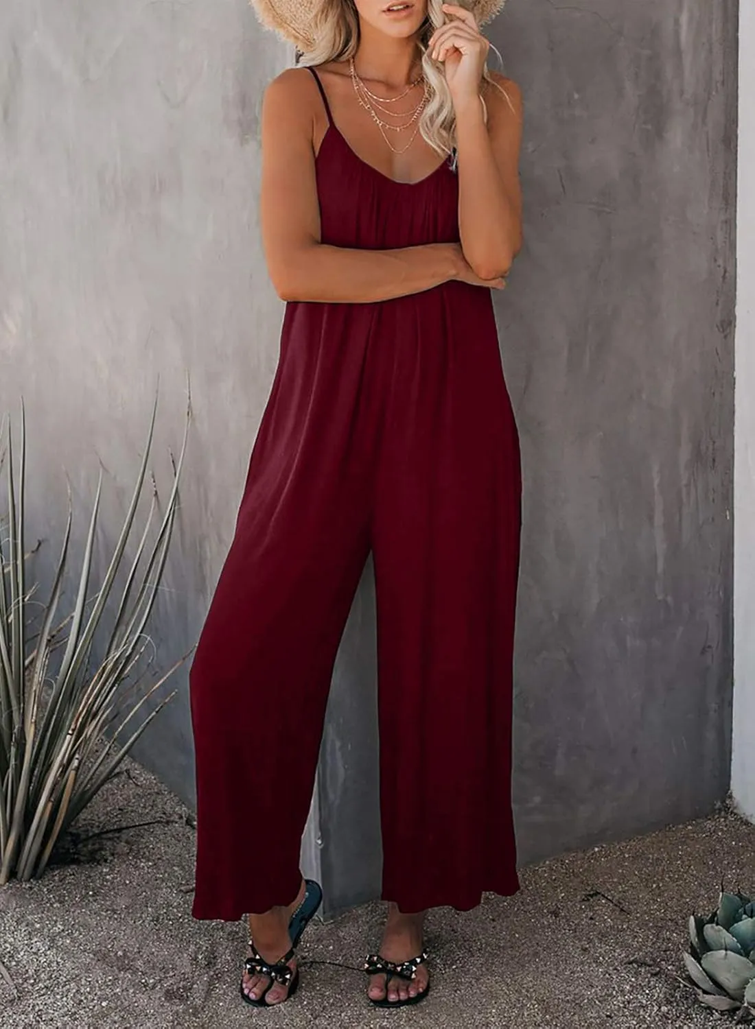 Happy Sailed Womens Casual Jumpsuits Loose Overalls Summer Sleeveless Stretchy Wide Leg Long Pants Romper with Pockets