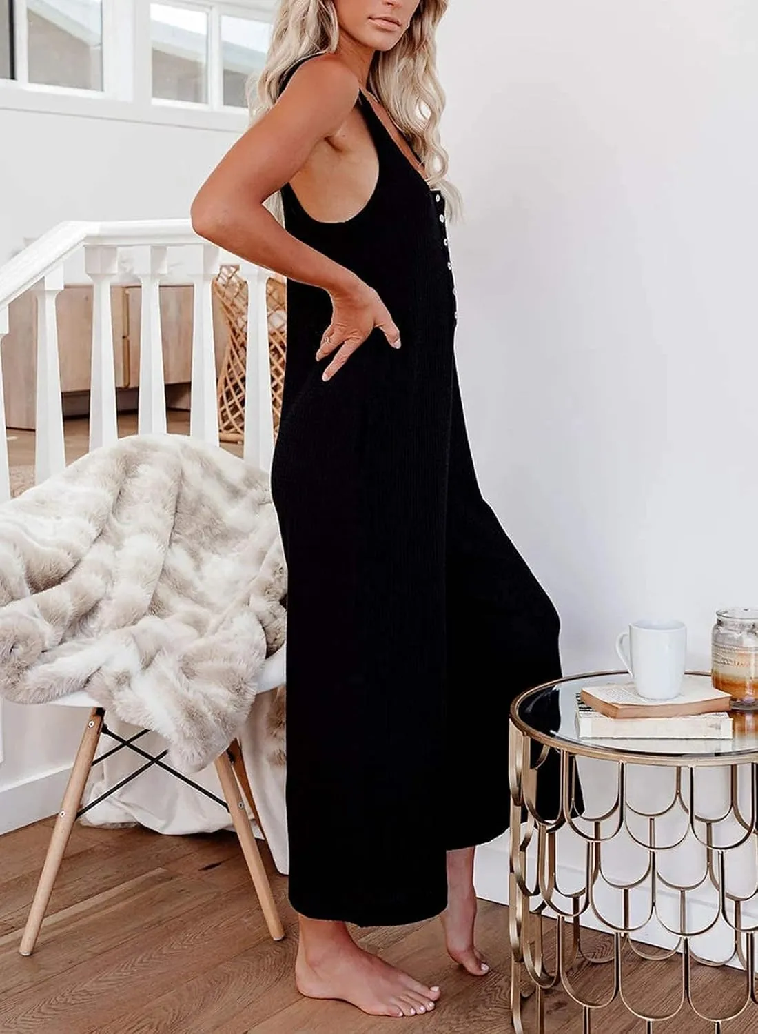 Happy Sailed Womens Casual Sleeveless Front Button Loose Jumpsuits Stretchy Knit Jumpers Long Pants Romper with Pockets