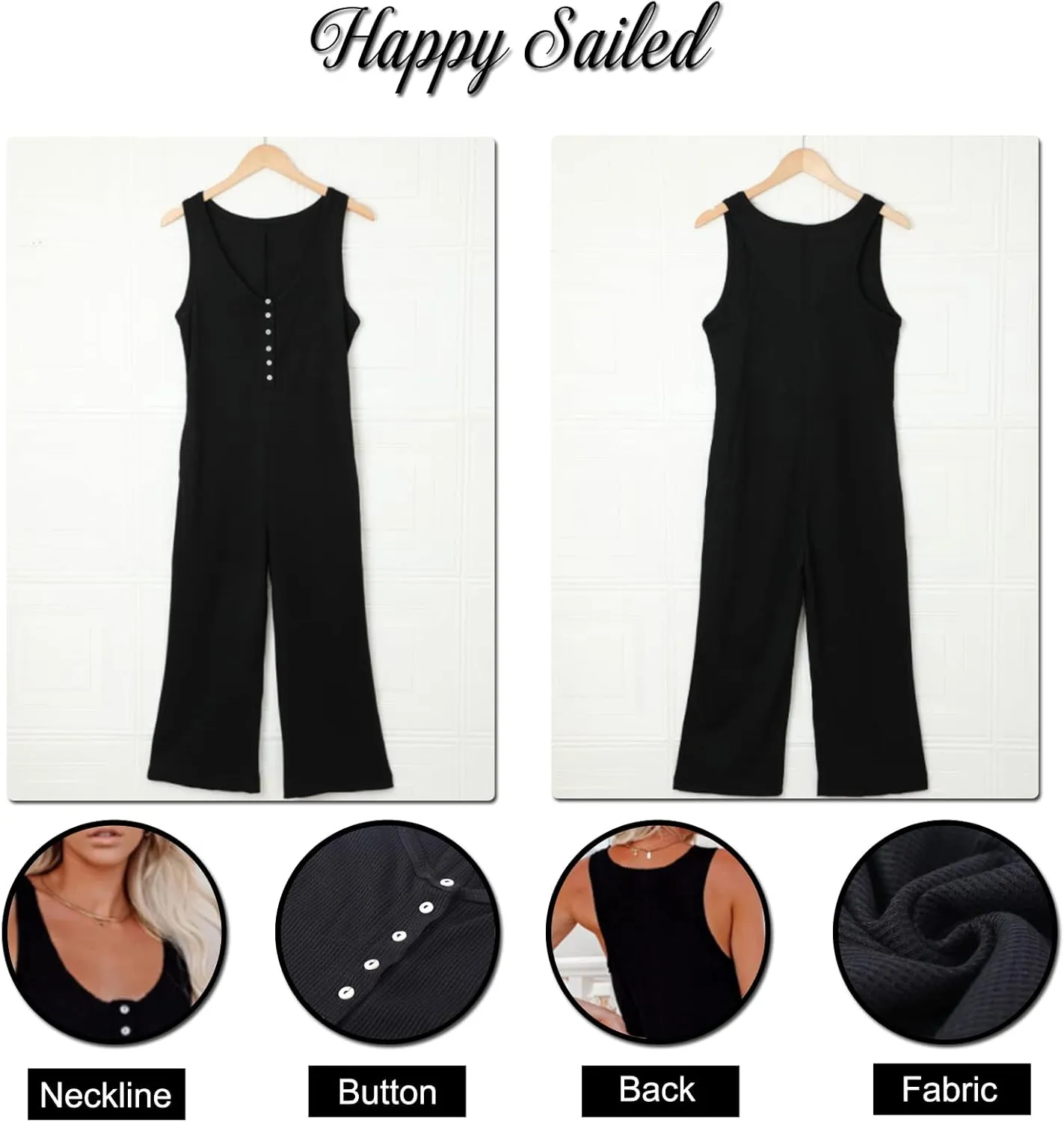 Happy Sailed Womens Casual Sleeveless Front Button Loose Jumpsuits Stretchy Knit Jumpers Long Pants Romper with Pockets