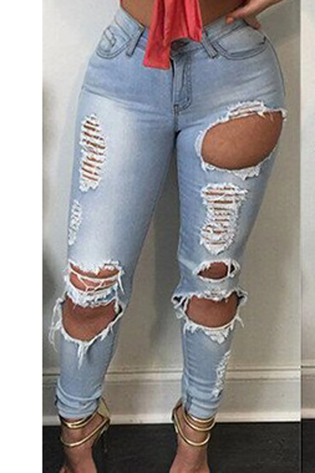 High Waist Cut Out Rough Holes Pocket Long Skinny Jeans