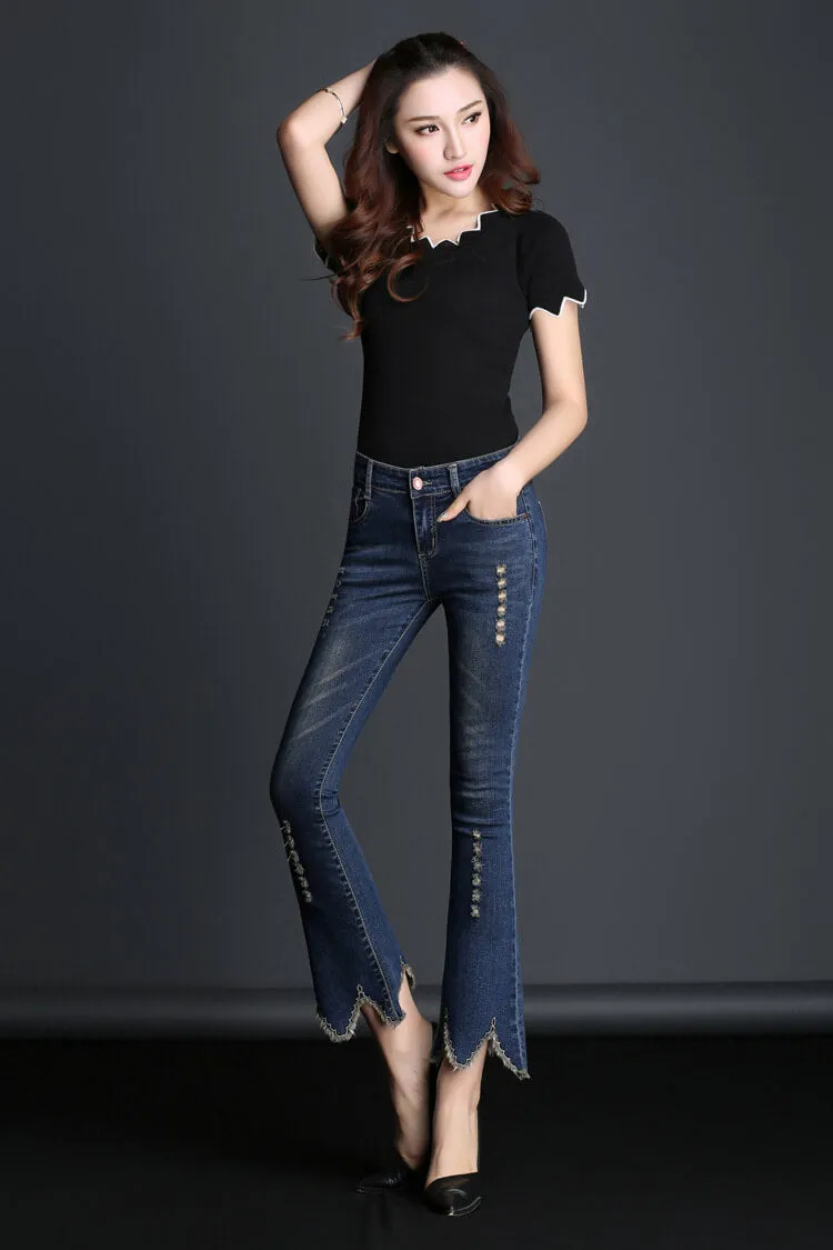 High Waist Solid Color Bell-bottomed 9/10 Length Irregular Jeans