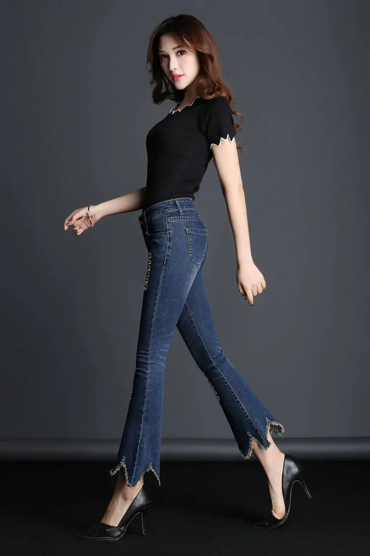 High Waist Solid Color Bell-bottomed 9/10 Length Irregular Jeans